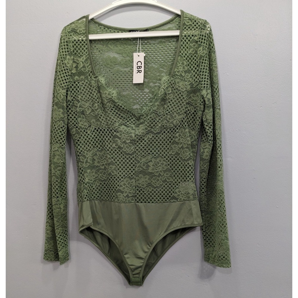 CBR Lace Sexy Bodysuit Long Sleeve V Neck Stretch Sheer Green Festival XL NWT